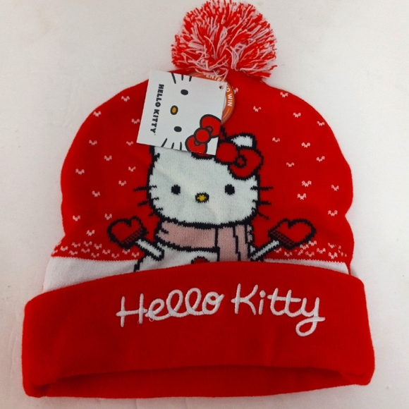 Hello Kitty Red/White Christmas Pom-pom Beanie Cap NWT - Picture 1 of 2